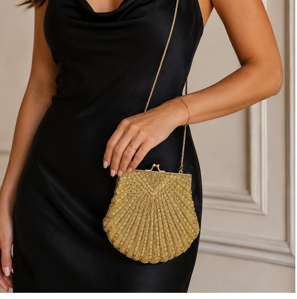Gold Beaded Evening Bag Kiss Lock Chain Strap Art Deco 1920s Formal Clutch Purse